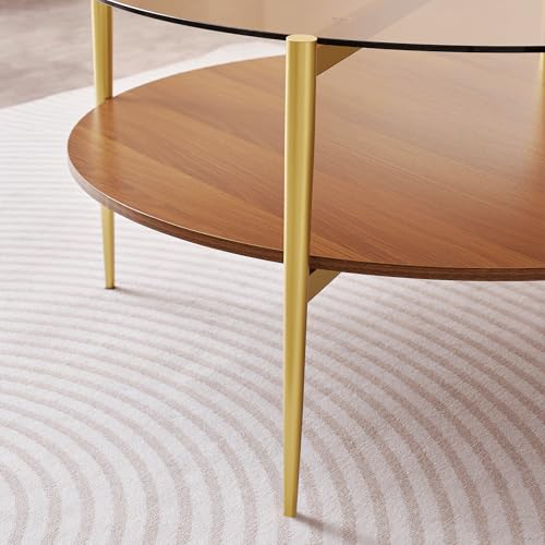 LumFurn Extra Large Round Coffee Table, Mid-Century Modern Design, D34 x H17 in, for Living Room, 2-Tier Structure, Amber Glass Top and Walnut MDF Shelf, Sleek Conical Metal Legs with Gold Finish - color: Amber & Walnut, size: D34" Round Coffee Table