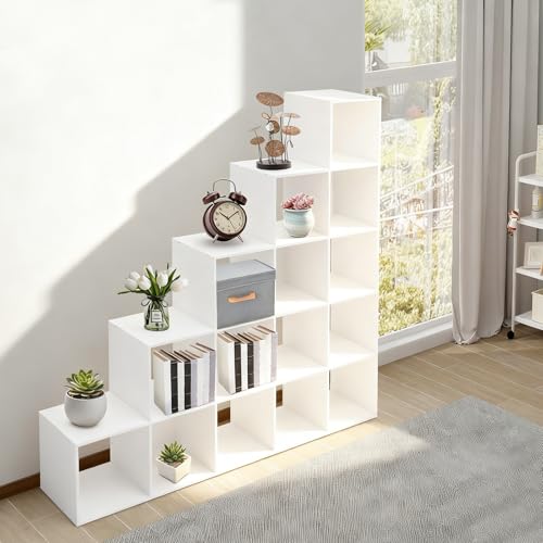 5-Tier Stepped Bookshelf, 15 Cube Storage Organizer Floor Standing Storage Shelf Modern Open Bookshelf for Home and Office (White) - size: 15 Cube L-Shaped