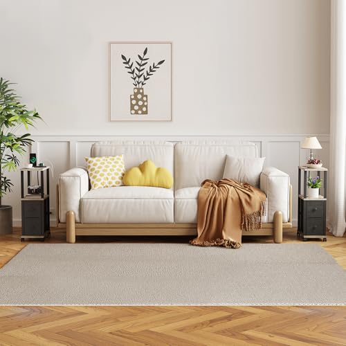 TUTOTAK Small Narrow End Tables, LED Side Tables with 2 Fabric Drawers, Set of 2, Bedside Tables with Charging Station for Small Spaces, Slim Nightstands with USB Ports and Wheels, TB01BG053L - color: Greige, style: with LED Light & Outlets