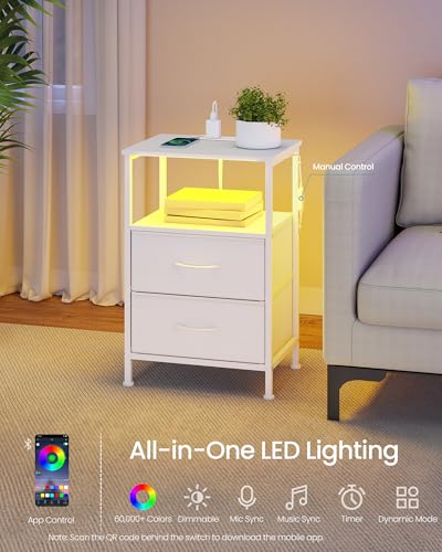 SONGMICS BELLAH Collection - Nightstand with Charging Station and App-Controlled Adjustable LED Lights, Bed Side Table, 2 Drawers and 1 Open Shelf, Modern, Cloud White and Snow White ULGS302WH01S - color: Cloud White + Snow White, size: 2 Drawers