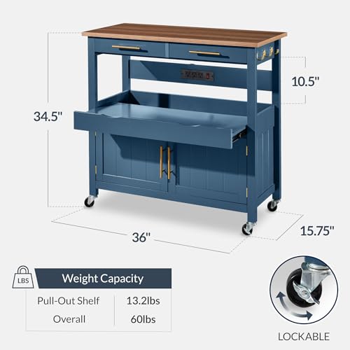 Best Choice Products 36in Large Rolling Kitchen Island Cart, 2-Door Cabinet, 2 Drawers, Pull-Out Shelf, Power Outlet, Hooks, & Swivel Lockable Wheels - Slate Blue - style: Slate Blue