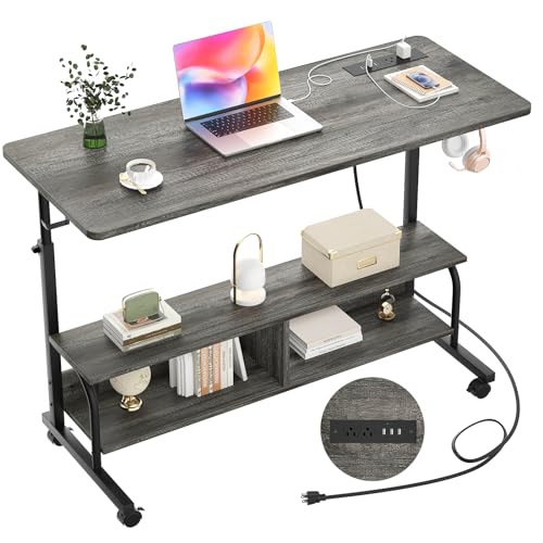 Armocity Rolling Standing Desk with Charging Station, Portable Height Adjustable Mobile Computer Desk with Wheels & 2-Tier Shelves & Hooks, Easy Assembly Laptop Table for Couch Bed, 47" Grey Oak - color: Grey Oak, size: 47''