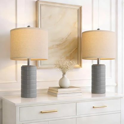 PoKat 20.75'' Ceramic Small Table Lamps for Bedroom, Modern Dark Gray Bedside Lamps Set of 2, Farmhouse Lamps for Living Room with Linen Lampshade for Night Stands Guest Room Side End Table Console - color: 20.75'' Small - Dark Grey