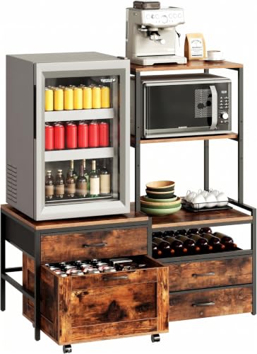 Herture Mini Fridge Stand with Wine Rack, Kitchen Bakers Rack with Power Outlet, Microwave Oven Stand, Coffee Bar, Movable Drawers, for Dorm,Office, Brown HB04BXN - color: Rustic Brown