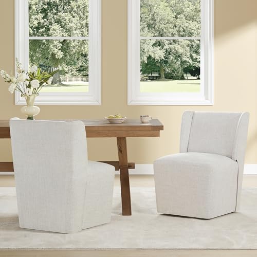 KISLOT Upholstered Dining Chairs Set of 2 with Casters, Wingback Modern Side Armless Deskchair with Rollers for Diningroom Bedroom Livingroom Reading Room, Linen Fabric - color: A Linen Fabric, size: Set of 2