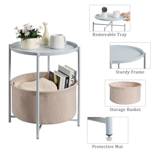 danpinera Small Round Side Table with Storage Basket, Removable Tray Top | Metal End Table for Small Space, Living Room, Bedroom, Nursery, Laundry, Modern Nightstand with Removable Tray, Blue-Gray - color: Blue Gray