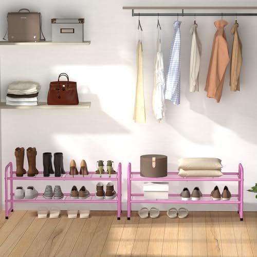 SUFAUY 2 Tier 33" Wide Shoe Rack, Closet Metal Wire, Stackable, Pink - color: Pink
