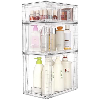 Vtopmart 3 Pack Clear Stackable Storage Drawers,Easy to Assemble Bathroom Organizers and Storage with handles,Plastic Drawers for Kitchen Pantry,Cabinet,Under Sink Organization | Tall, Medium and Small Pull-Out PET Drawers with Stackable Design for Bathro