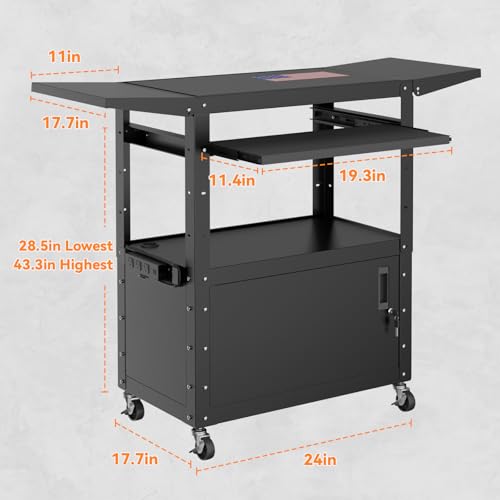 Mobile AV Cart with Drop Leaves & Adjustable Height, Rolling Computer Cart with Pullout Keyboard Tray – Locking Cabinet, 3 Outlets&2 USB Ports, Lock Brake Casters, Utility Cart for Office/Classroom - size: Style 3 18"D x 24"W x 43.3"H