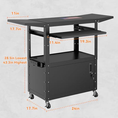 Mobile AV Cart with Drop Leaves & Adjustable Height, Rolling Computer Cart with Pullout Keyboard Tray – Locking Cabinet, 3 Outlets&2 USB Ports, Lock Brake Casters, Utility Cart for Office/Classroom - size: Style 3 18"D x 24"W x 43.3"H