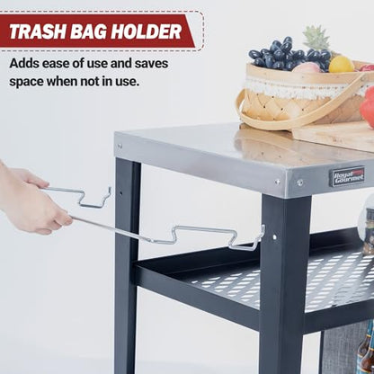 Royal Gourmet PC3404S Rolling Dining Table with Trash Bag Holder, Outdoor Garden Patio BBQ Kitchen Food Prep Table Cart, 34"L x 20"W Stainless Steel Tabletop, Silver & Black | 34"L x20"W Stainless Steel Tabletop | with Removable Trash Bag Holder | Outdoor