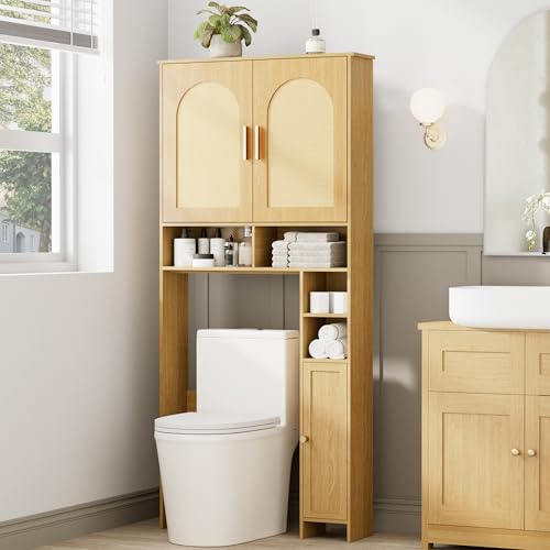 Homhedy Wooden Over The Toilet Storage Cabinet, Natural | Bathroom Organizer with Rattan Decorated Doors, Adjustable Shelves, Toilet Paper Holder, for Small Spaces - color: Natural