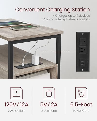 VASAGLE Side End Table with Charging Station, Slim Nightstand with 2 Drawers, Narrow Bedside Table for Living Room, Small Spaces, Heather Greige and Ink Black ULET321B02V1S - color: Heather Greige + Ink Black, size: 23.6"D x 11.8"W