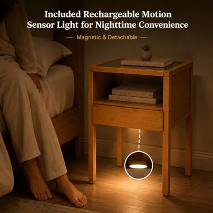 Bamboo Nightstand Small Bedside Tables with Drawer, Tea | Tempered Glass Top, Open Shelf, Mid Century Modern Night Stand for Bedroom, Living Room, Apartment, Small Space - color: Tea Color Glass