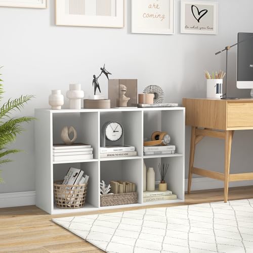 6 Cube Book Shelf, Modern Storage Bookcase with 6 Open Compartments, Open Back and Bottom Back Panels, Heavy Duty Storage Bookshelf for Living Room, Study, Office and Hallway, White