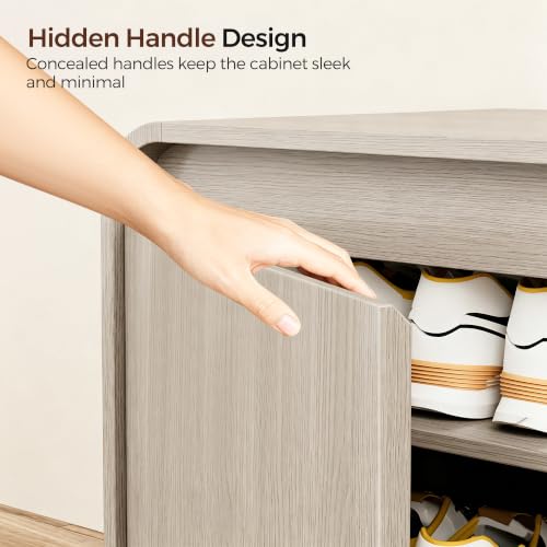 Homleke Modern Curved Entryway Shoe Storage Bench | 39.4" Wooden Shoe Cabinet with Doors, Hidden Handle Design, Holds 8 Pairs, for Bedroom & Living Room, Light Gray Oak