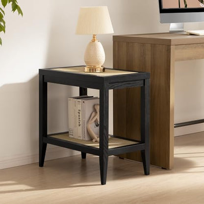 SICOTAS Rattan Nightstand Bedside Table - Farmhouse Boho Narrow Accent End Table with 2 Open Shelves for Bedroom, Living Room, Small Spaces - Black Oak - color: Black Oak, size: 1 Piece