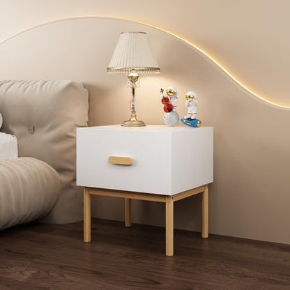 Modern Minimalist White Nightstand with Solid Pine Wood Legs & Spacious Drawer - Versatile Bedside Table for Bedroom, Living Room, or Small Apartment