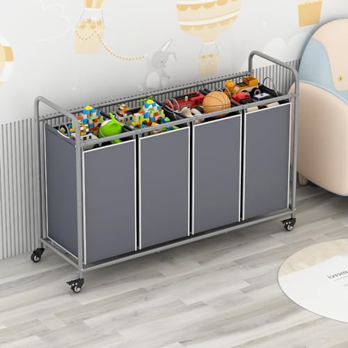 LINZINAR 4 Section Laundry Hamper, Grey Laundry Basket, 180L Laundry Sorter | Laundry Room Organization with Heavy Duty Rolling Lockable Wheels and Removable Bag, Bedroom Laundry Cart for Clothes Storage - size: 4 Bags Grey