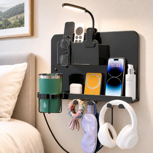 Floating Bedside Wall Shelf, Metal Wall Organizer with Detachable Cup Holde | No Drill Floating Wall Mounted Storage for Bedroom, Dorm, Loft Bed, Bunk Bed & Small Space Organization - color: Black