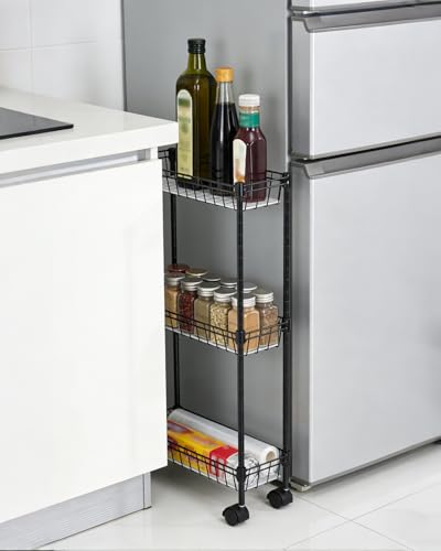 4-Tier Slim Rolling Storage Cart, 5.91" Wide Narrow Metal Utility Cart on Wheels, Multi-Functional Adjustable Shelving Unit with Anti-Fall Pads for Kitchen Gap, Bathroom, Laundry Room, Black - size: 3-tier