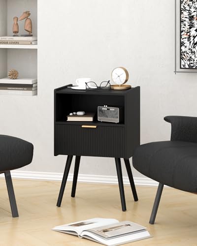 JOONEE Black Nightstand,Modern Bedside Table with Storage Drawer and Open Wood Shelf, for Living Room, Bedroom and Small Spaces, Accent Night Stand with Solid Wood Legs, Easy Assembly,Classic Black - color: Black