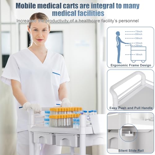 Mobile Medical Carts 3 Tier Professional Utility Cart 330 LBS Max Load Rolling Crash Cart Ultrasound Trolley with Wheels Drawers Dirt Bucket Sharps Box Storage Basket for Hospital Dental Clinic Home - color: 3-tier With Accessories Light Gray