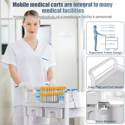 Mobile Medical Carts 3 Tier Professional Utility Cart 330 LBS Max Load Rolling Crash Cart Ultrasound Trolley with Wheels Drawers Dirt Bucket Sharps Box Storage Basket for Hospital Dental Clinic Home - color: 3-tier With Accessories Light Gray