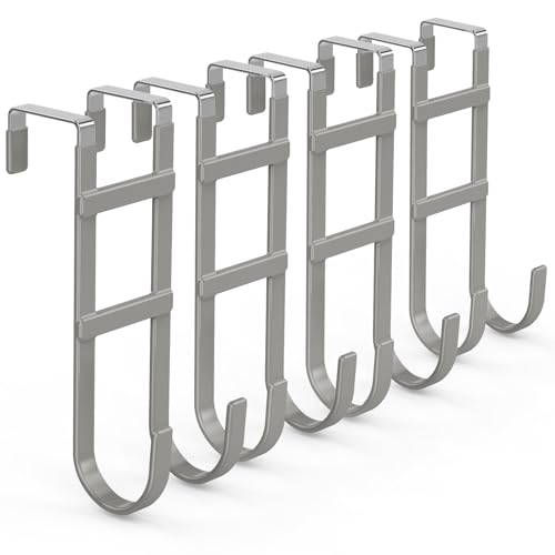 FYY Over the Door Hooks, Double-Hanger 4 Pack, Fits Doors 1.6" Grey | Heavy Duty Metal, Hold 100lbs, Rubber-Coated, No-Drilling, for Bathroom Dorm, Hanging Clothes Towels Bags Ironing Board Robe - color: Gray, size: 7.8" Long, Fit Interior Doors Up to 1.6