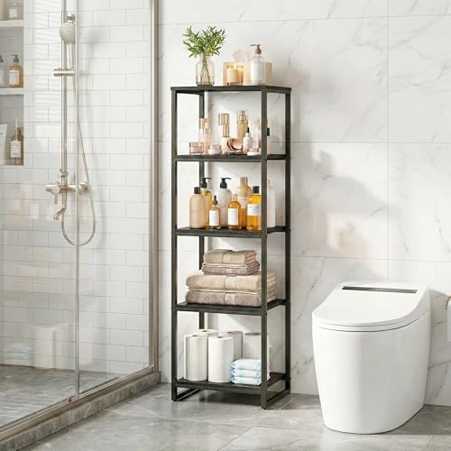 5-Tier Bathroom Shelving Unit, Narrow Corner Slim Rack, Black | 47"H, Metal Frame, Wood Finish Shelf, for Laundry Room, Kitchen, Living Spaces, Sturdy Build - size: 5-Tier