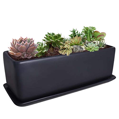 Vencer 12 Inch Rectangular Modern Minimalist Ceramic Succulent Planter Pot - Window Box with Saucer,Office Desktop Potted Stand,Black,VF-0135B - color: Black, size: 12 Inch