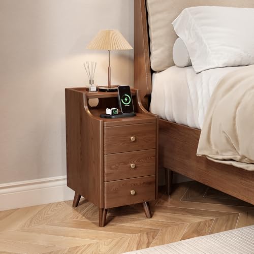 IUNVR Narrow Nightstand with 3 Drawers, Solid Wood Slim Bedside Table | 11.8" Modern Nightstand with Open Shelf & Cable Hole, Space Saving Storage Cabinet for Bedroom and Study - color: Walnut, size: 15.7"D x 11.8"W x 23.6"H