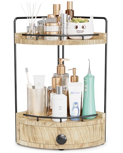 2-Tier Corner Bathroom Counter Organizer with Drawer, Wood color | Embedded Screw Holes, Wooden Countertop Organizers, Space-Saving, Bottom Ventilation Design, Counter Shelf for Vanity - color: Wood color