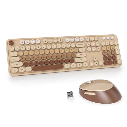 GTSP Retro Wireless Typewriter Keyboard and Mouse Combo, 2.4GHz Full-Size Cute Office Computer Keyboard with Round Keycaps for Desktop Laptop and PC (Colorful Brown) - color: Colorful Brown