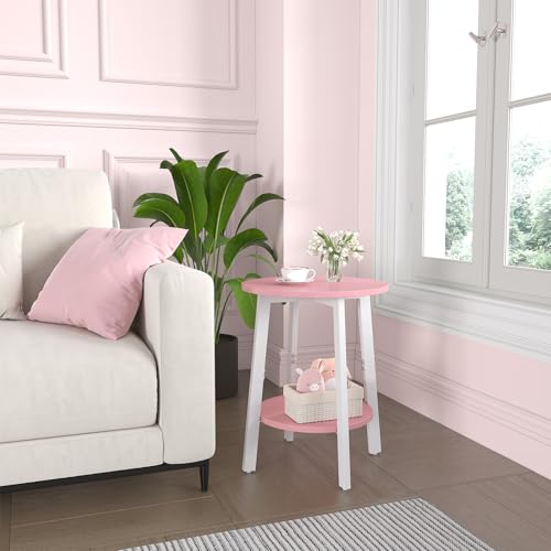 sthmec Side Table, Small Round End Table with Storage Shelf for Small Space, 2-Tier Bedside Table Sofa Couch Table, Round Accent Table Nighstands for Living Room, Bedroom, Pink - color: Pink