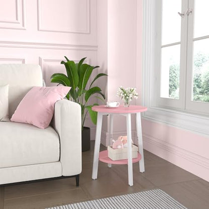 sthmec Side Table, Small Round End Table with Storage Shelf for Small Space, 2-Tier Bedside Table Sofa Couch Table, Round Accent Table Nighstands for Living Room, Bedroom, Pink - color: Pink
