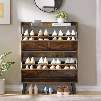 LEYAOYAO Shoe Cabinet Storage for Entryway with 2 Flip Drawers | Rack Narrow Organizer Slim Hidden Wood Shoe Cabinet Furniture - color: Brown