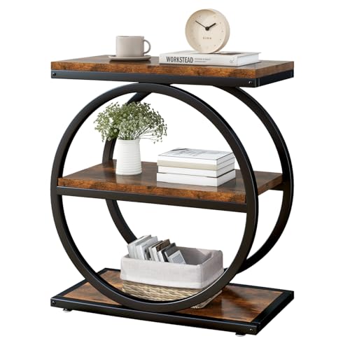 IBUYKE Narrow End Table with 3 Storage Shelves, Industrial Sofa Side Table, Double Round Metal Frames, Slim Nightstand and Bedside Table for Bedroom, Living Room, Rustic Brown UTMJ418H - color: Rustic Brown