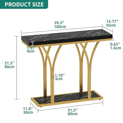 DWVO Gold LED Lit Modern 39-Inch Wide Console Table - Narrow Marble Top Foyer Furniture for Entryway, Hallway & Living Room Accent (Black)