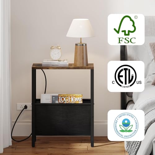 Narrow Side Table with Charging Station, Skinny Nightstand with USB Ports & Outlet, Slim Sofa Side Table with Storage Bag, Small End Table for Small Spaces, Living Room, Bedroom, Rustic Brown - color: Rustic Brown