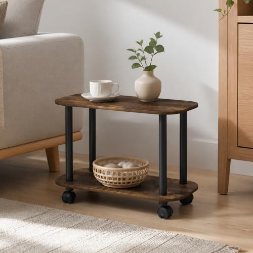 2-Tier Oval Sofa End Table with Wheels, Round Corner Bedside Table, Night Stand with Open Shelf, Toolless Assembly Side Table, for Bedroom, Living Room, Amber Pine - color: Amber Pine/Black, size: 2 Tier, Oval