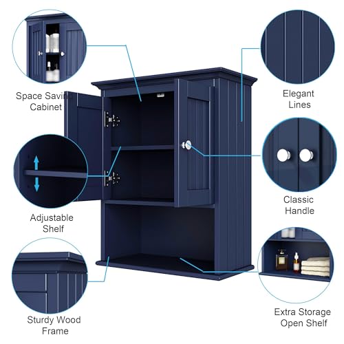 Treocho Wood Wall Cabinet, Bathroom Medicine Cabinet Storage with Doors and Adjustable Shelf, Rustic Cabinet Wall Mounted for Bathroom, Living Room, Kitchen, Blue - color: Blue