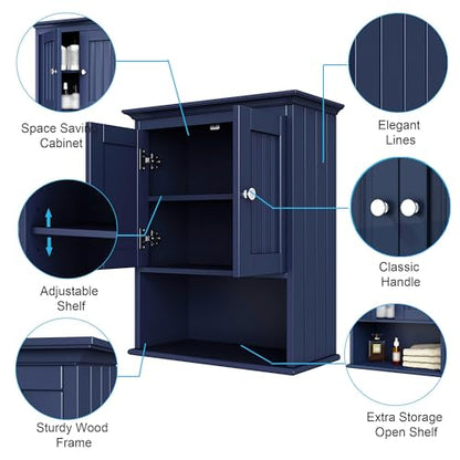 Treocho Wood Wall Cabinet, Bathroom Medicine Cabinet Storage with Doors and Adjustable Shelf, Rustic Cabinet Wall Mounted for Bathroom, Living Room, Kitchen, Blue - color: Blue