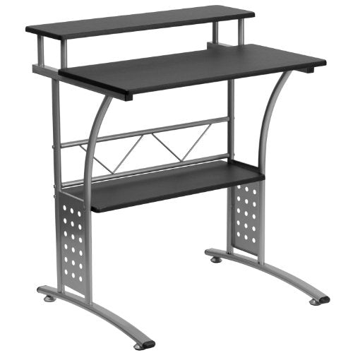 Flash Furniture Clifton Modern Office Computer Desk with Top and Bottom Storage Shelves, Small Computer Desk for Home Office, 28"W, Black | Perforated Side Panels, Self-Leveling Floor Glides - color: Black, size: 28 Inch