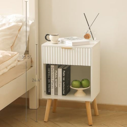 Fultyle White Nightstand, Modern Bedside Table with Drawer and Open Storage, Fluted End Side Table Living Room with Solid Wood Legs for Bedroom (White) - color: White