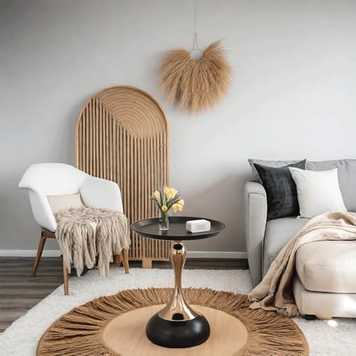 Modern Round Side Table with Gold Pedestal Base, Black Metal Top, Accent End Table for Living Room (Black) - color: Black