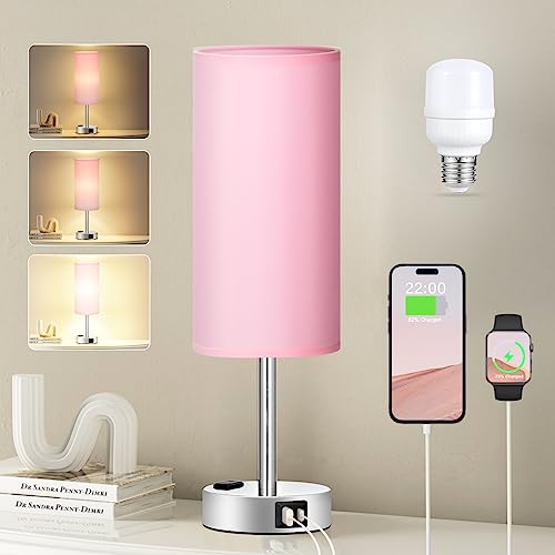 Fenmzee Pink Lamp for Bedroom Nightstand - 3 Way Dimmable Touch Table Lamp USB C Charging Ports, Small Lamp with AC Outlet for Desk Girls Room, LED Bulb Included - color: Pink - Silver, size: 14" Touch Control