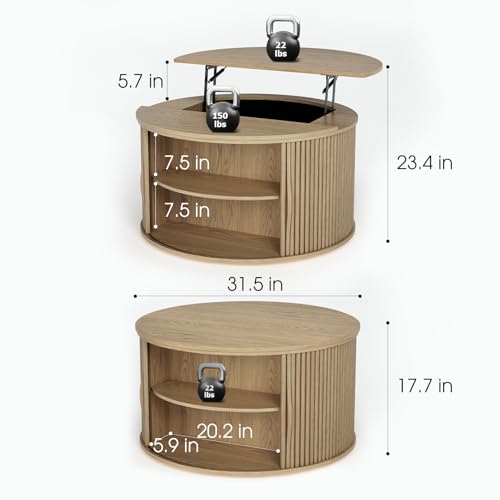 JOINICE Round Lift Top Coffee Table with Storage for Living Room,Oak | 31.5" Drum Design,Hidden Storage&Open Shelf,Boho Fluted Center Table for Small Apartments,Easy Assembly,Up to 150 lbs