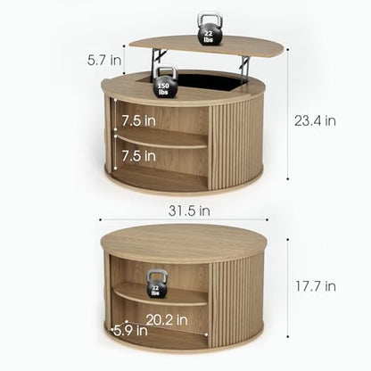 JOINICE Round Lift Top Coffee Table with Storage for Living Room,Oak | 31.5" Drum Design,Hidden Storage&Open Shelf,Boho Fluted Center Table for Small Apartments,Easy Assembly,Up to 150 lbs