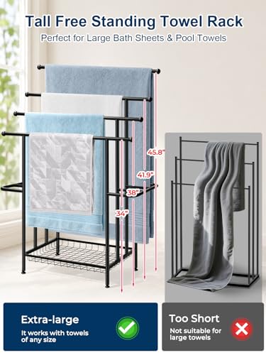 Haturi 4-Tier Free Standing Towel Rack for Bathroom, 45.3" H Black Metal Towel Drying Rack, 18.1" W with Storage Basket, Outdoor Pool Towel Holder for Oversized Towels & Blankets - size: 4 Tier